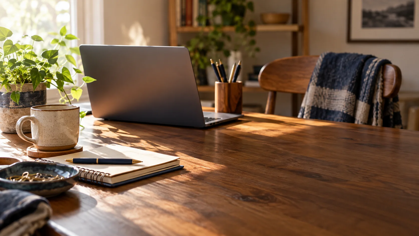 A warm small-business workspace with a laptop and plant