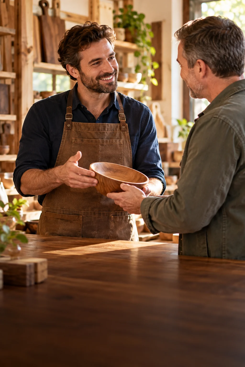 Two men discussing business needs in a neighborhood shop